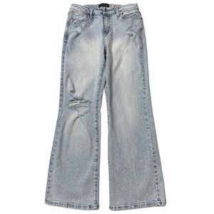{BCBGeneration} "Low Rise Baggy Flare" Light Acid Wash Blue Distressed Jeans